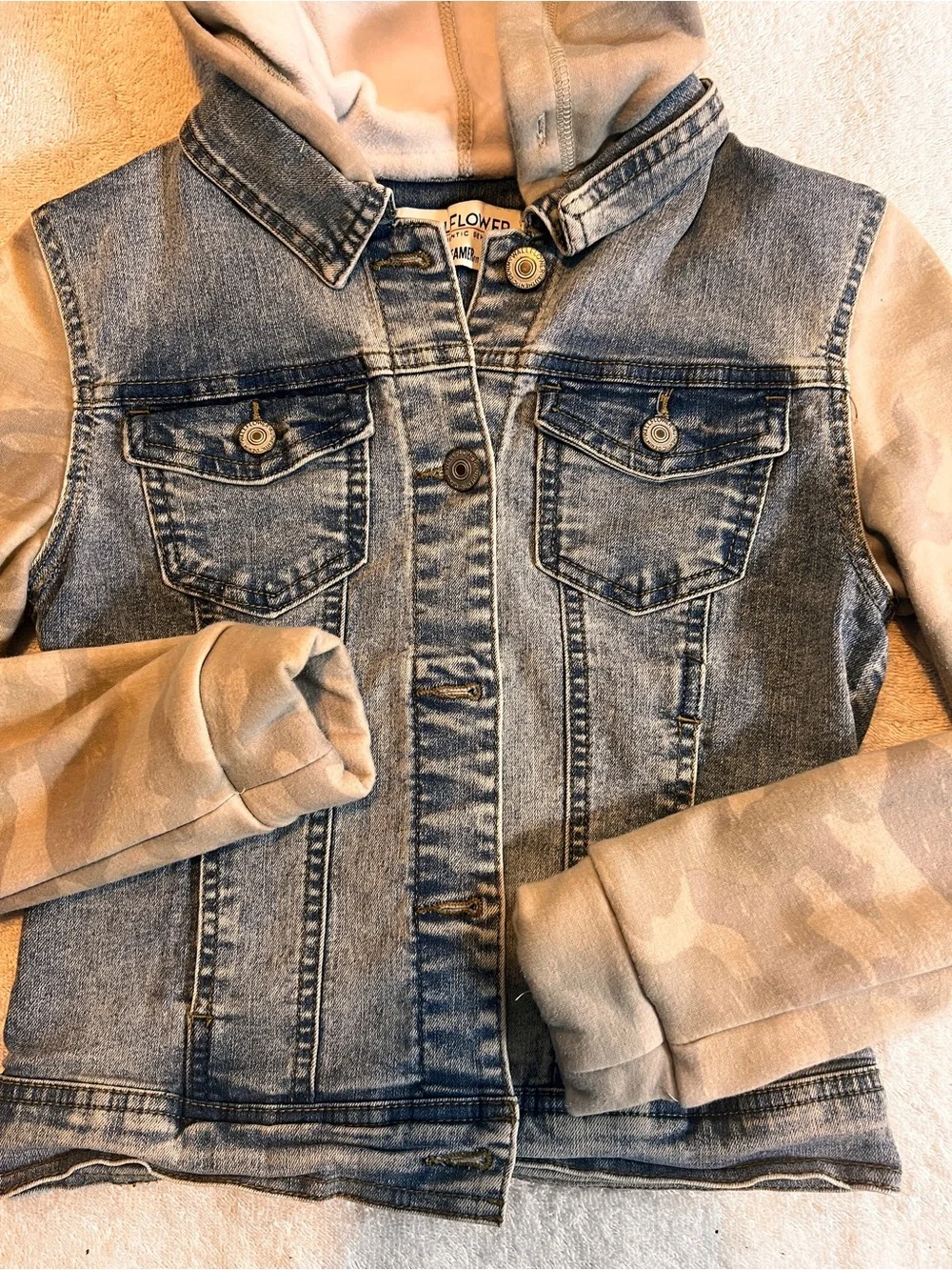 Wallflower Girls' Denim Jacket with Tan Camo Hood & Sleeves SIZE SMALL